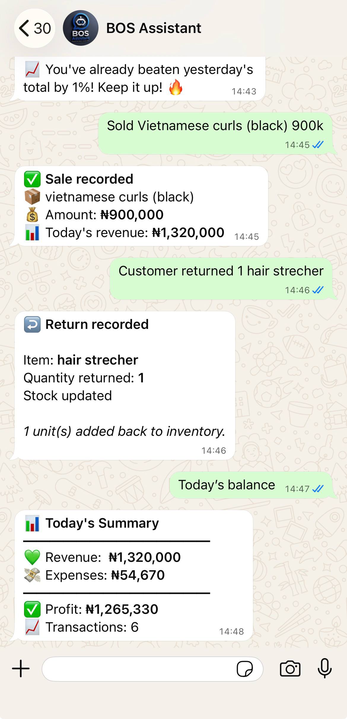BOS Assistant WhatsApp conversation — live product